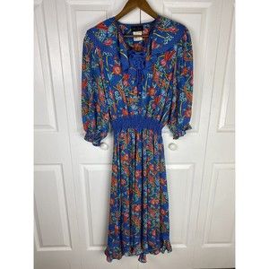 Floral Blue Midi Dress with Smocked Waist